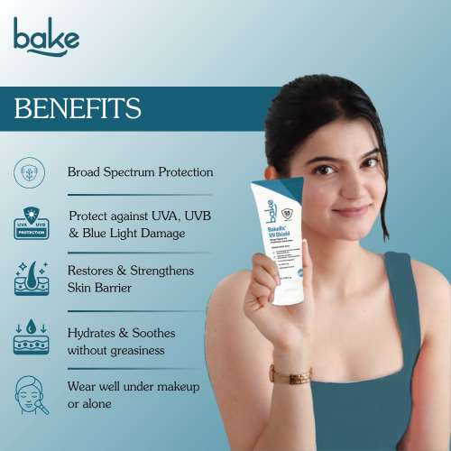 Bake Cosmetics: UV Shield Sunscreen SPF 55 PA++++ with 6% Advanced UV Filter & Ceramide for UVA, UVB & Blue Light Protection  50gm