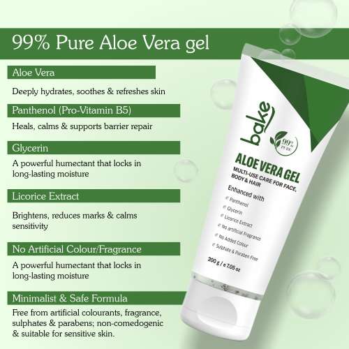 Bake Cosmetics: 99% Pure Multi-Use Aloe Vera Gel for Face, Body & Hair, Hydrates Skin, Reduces Dryness & Non-Sticky  200gm