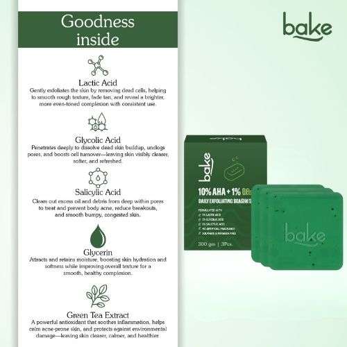 Bake Cosmetics: BAKE 10% AHA + 1% BHA Scrub Treatment Soap with Lactic Acid For Clogged Pores, Exfoliation, Strawberry Skin & Bright Underarms-Pack of 3(100g x 3) 
