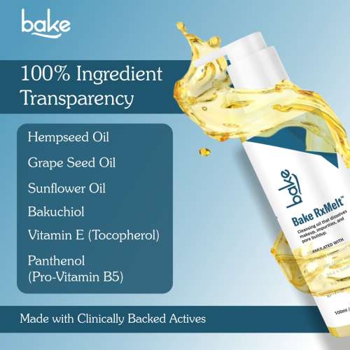 Bake Cosmetics: BAKE RxMelt Cleansing Oil  Removes Waterproof Makeup, SPF & Pore Buildup with 15% Hempseed & 0.5% Bakuchiol  100ml