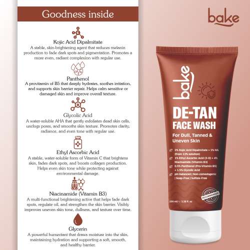 Bake Cosmetics: De-Tan Face Wash with Kojic Acid & Glycolic Acid for Tanned, Uneven Skin Tone, Glow & Spot Reduction 100ml