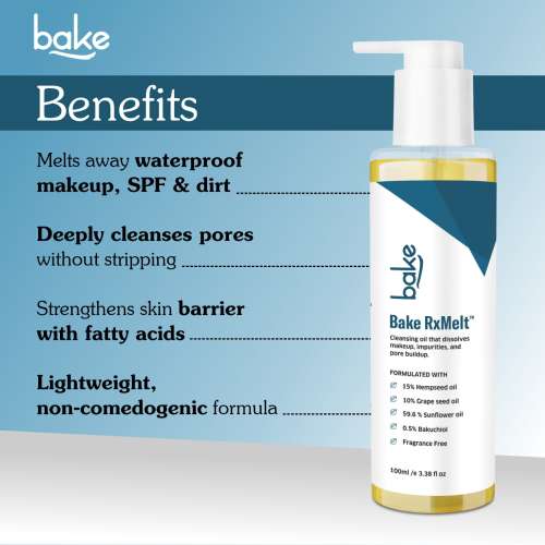Bake Cosmetics: BAKE RxMelt Cleansing Oil  Removes Waterproof Makeup, SPF & Pore Buildup with 15% Hempseed & 0.5% Bakuchiol  100ml