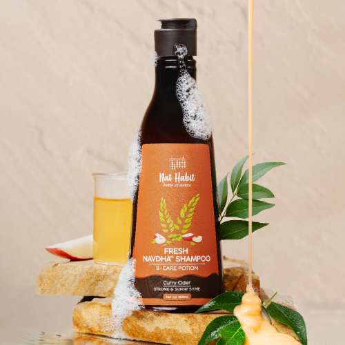 Nat Habit: Curry Cider Navdha Shampoo for Breakage Control & Shiny Hair| Apple Cider Vinegar & Fermented Soy| Amla Reetha Shikakai Herbal Shampoo for Women & Men, 250ml