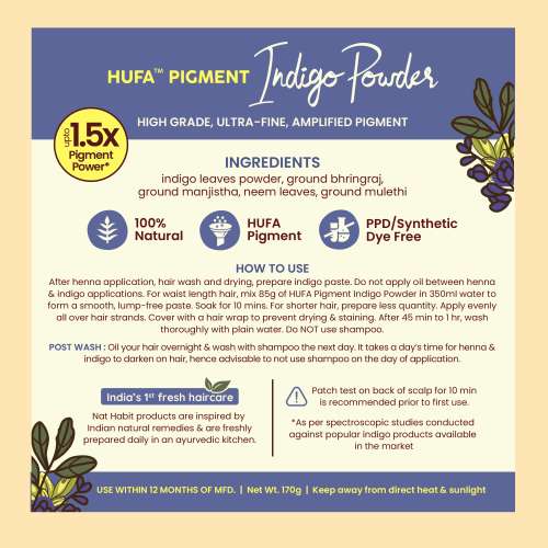Nat Habit: Organic Indigo Powder, Natural Hair Color for Black Hair, HUFA, Indigo Leaf Powder for Rich and Fast Post-Henna Coloring, Chemical Free, 170gm