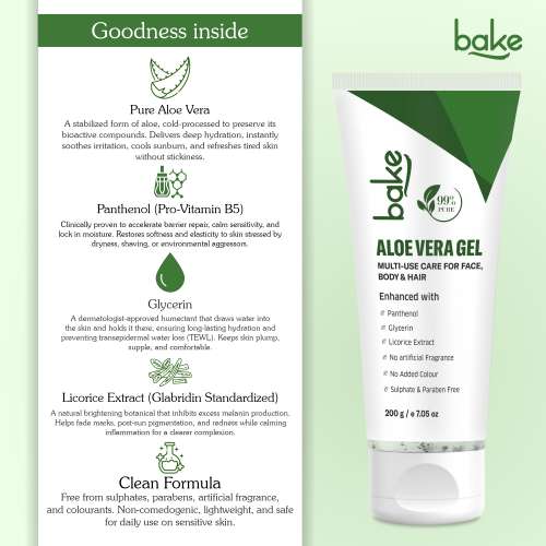 Bake Cosmetics: 99% Pure Multi-Use Aloe Vera Gel for Face, Body & Hair, Hydrates Skin, Reduces Dryness & Non-Sticky  200gm