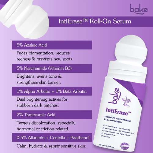 Bake Cosmetics: IntiErase Intimate Brightening Roll-On Serum with 5% Azelaic Acid & 5% Niacinamide Reduces Pigmentation, Lightens Dark Spots for Dark Underarms, Inner Thighs, Bikini Area  50ml