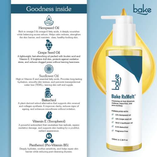 Bake Cosmetics: BAKE RxMelt Cleansing Oil  Removes Waterproof Makeup, SPF & Pore Buildup with 15% Hempseed & 0.5% Bakuchiol  100ml