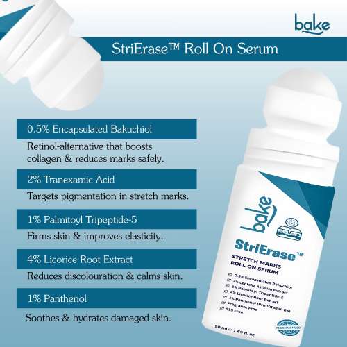 Bake Cosmetics: BAKE StriErase Stretch Marks Removal Roll On Serum with 0.5% Encapsulated Bakuchiol and 2% Centella Asiatica for Pregnancy Stretch Marks, Scars, Skin Firming & Smoothening  50ml