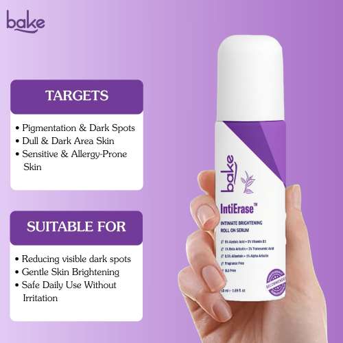 Bake Cosmetics: IntiErase Intimate Brightening Roll-On Serum with 5% Azelaic Acid & 5% Niacinamide Reduces Pigmentation, Lightens Dark Spots for Dark Underarms, Inner Thighs, Bikini Area  50ml