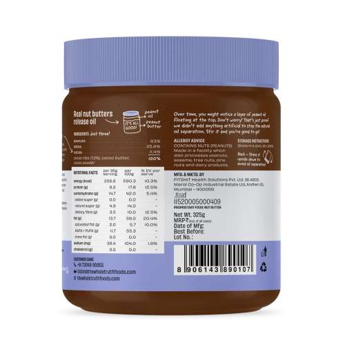 The Whole Truth: Dark Chocolate Peanut Butter  325 g  Creamy  No Added Sugar  No Artificial Sweeteners  Gluten Free  No Preservatives  100% natural protein source