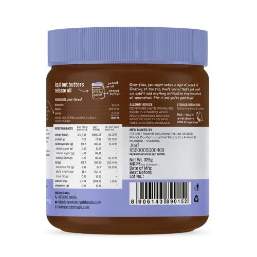 The Whole Truth: Dark Chocolate Peanut Butter  325 g  Crunchy  No Added Sugar  High Protein  No Artificial Sweeteners  No Palm Oil  Gluten Free  No Preservatives  100% natural protein source