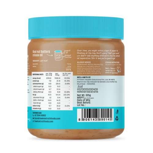 The Whole Truth: Peanut Butter With Dates (Sweetened)  325 g  Crunchy  No Added Sugar  No Artificial Sweeteners  No Palm Oil  Gluten Free  No Preservatives  100% natural protein source