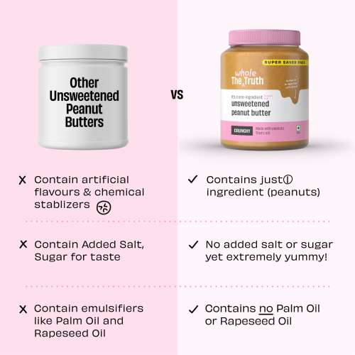 The Whole Truth: Supersaver Pack  Unsweetened Peanut Butter  925 g  Crunchy  No Added Sugar  No Artificial Sweeteners  No Gluten & Soy  No Preservatives  100% natural protein source