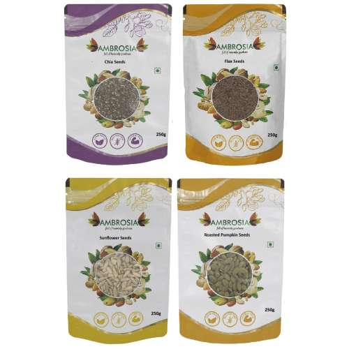 Ambrosia: Super Seeds Combo 1Kg Seeds - Pumpkin Seeds, Chia Seeds, Flax Seeds, Sunflower Seeds