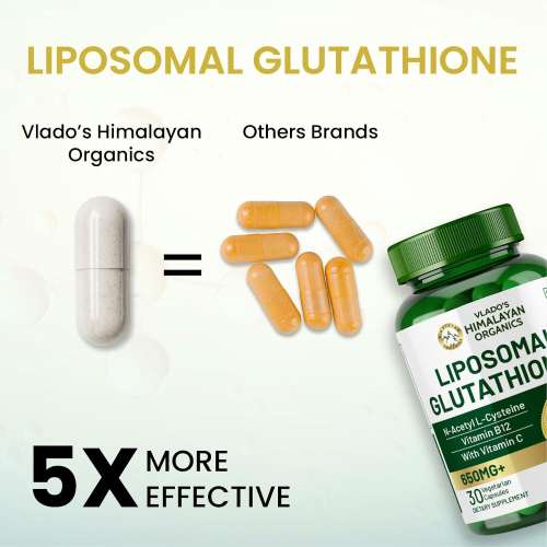 Vlado's Himalayan Organics: Liposomal Glutathione 650 mg+ Advanced Liposomal Formula with N-Acetyl L-Cysteine , Vitamin C & B12 - Highest Bioavailability & Absorbability, Enhanced Absorption - Cellular & Face Health - Helps in Skin Hydration & Skin Glow - Liver Health & Detoxificati