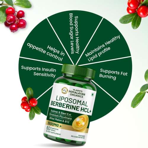 Vlado's Himalayan Organics: Liposomal Berberine HCL+ 1500mg+ with Piperine, Chromium , Bitter Melon, Bael, Gudmar & Vitamin B12 |For Metabolism, Hormonal Balance, Healthy Blood Sugar & Cholesterol Levels | 60 Veg Tablets