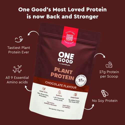 Nourish You: One Good By Nourish You 27g Per Serving Chocolate Plant based Protein Powder-500g | Pea, Brown Rice & Mung Bean Blend | Sweetened with Monk Fruit | Rich Cocoa Flavor | No Soy, No Artificial Flavours | Supports Muscle Growth