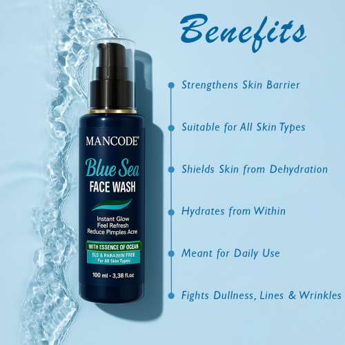 Mancode: Blue Sea Face Wash-100ml | Instant Glow & Refreshing Feel | Reduces Pimples & Acne | Enriched with Ocean Essence | Paraben-Free, Gentle Formula for All Skin Types | Deep Cleansing