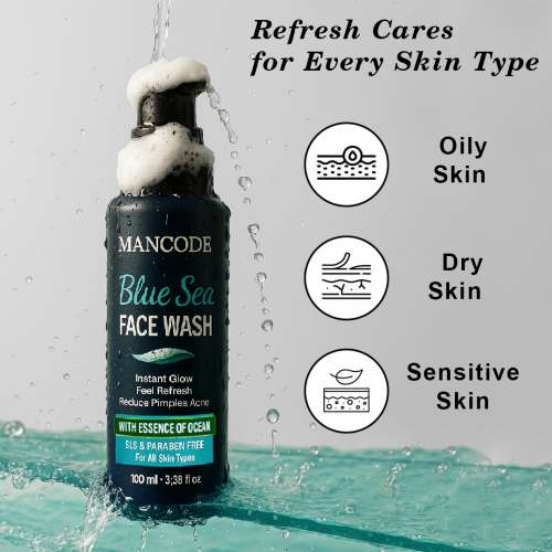 Mancode: Blue Sea Face Wash-100ml | Instant Glow & Refreshing Feel | Reduces Pimples & Acne | Enriched with Ocean Essence | Paraben-Free, Gentle Formula for All Skin Types | Deep Cleansing