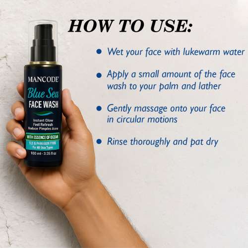 Mancode: Blue Sea Face Wash-100ml | Instant Glow & Refreshing Feel | Reduces Pimples & Acne | Enriched with Ocean Essence | Paraben-Free, Gentle Formula for All Skin Types | Deep Cleansing