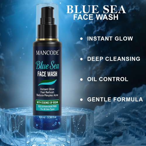 Mancode: Blue Sea Face Wash-100ml | Instant Glow & Refreshing Feel | Reduces Pimples & Acne | Enriched with Ocean Essence | Paraben-Free, Gentle Formula for All Skin Types | Deep Cleansing