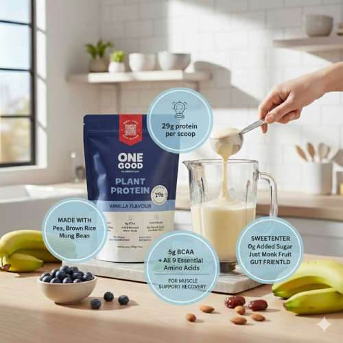 Nourish You: One Good by Nourish You 29g Per Serving Vanilla Plant based Protein Powder-500g | Pea, Brown Rice & Mung Bean Blend | Sweetened with Monk Fruit | No Soy, No Artificial Flavours | Superior Muscle Recovery | Gut Friendly