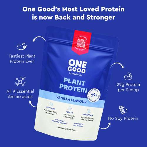 Nourish You: One Good by Nourish You 29g Per Serving Vanilla Plant based Protein Powder-500g | Pea, Brown Rice & Mung Bean Blend | Sweetened with Monk Fruit | No Soy, No Artificial Flavours | Superior Muscle Recovery | Gut Friendly