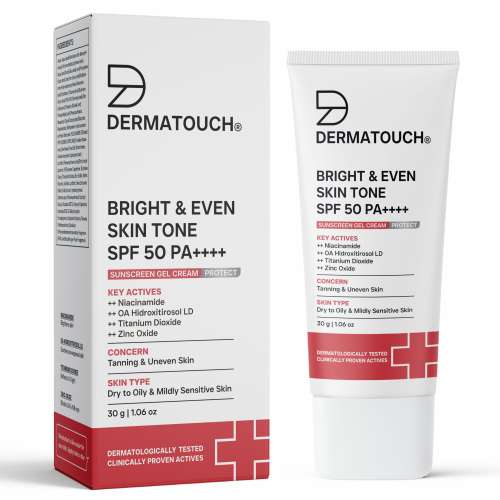 Dermatouch: BRIGHT & EVEN SKIN TONE SPF 50 PA++++ SUNSCREEN Gel Cream for Tanning, Uneven Skin Tone & Sun Protection / Suitable for Dry to Oily & Mildly Sensitive Skin | 30gm