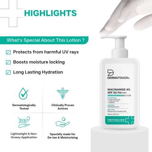 Dermatouch: Niacinamide 4% SPF 50 PA++++ Sunscreen Lotion 200ml  Body Lotion For Tanning & Dryness/Suitable For All Skin Types
