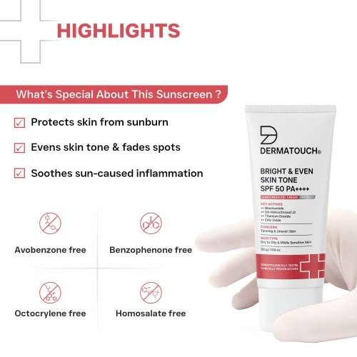 Dermatouch: BRIGHT & EVEN SKIN TONE SPF 50 PA++++ SUNSCREEN Gel Cream for Tanning, Uneven Skin Tone & Sun Protection / Suitable for Dry to Oily & Mildly Sensitive Skin | 30gm