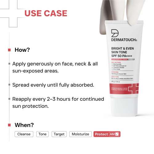 Dermatouch: BRIGHT & EVEN SKIN TONE SPF 50 PA++++ SUNSCREEN Gel Cream for Tanning, Uneven Skin Tone & Sun Protection / Suitable for Dry to Oily & Mildly Sensitive Skin | 30gm