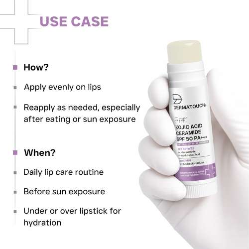 Dermatouch: Kojic Acid Ceramide SPF 50 PA+++ Natural Lip Balm - 5gm | Moisturizing  Sun Protection  Nourishing | Reduces Pigmentation & Heals Dry Lips