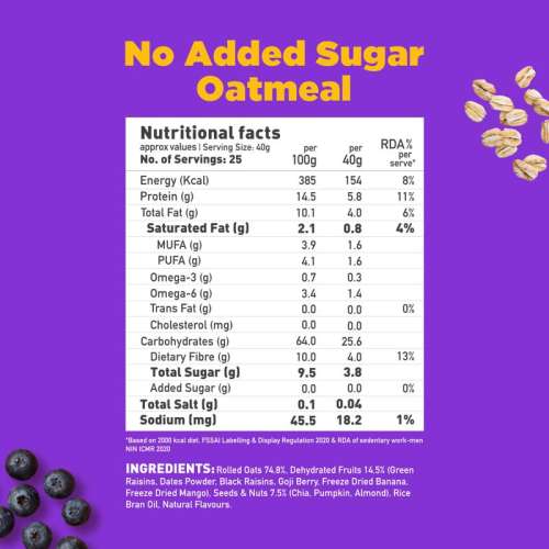 Yogabar: No Added Sugar Oatmeal 1kg - with Alphonso Mango, Chia Seeds and Fruits & Berries