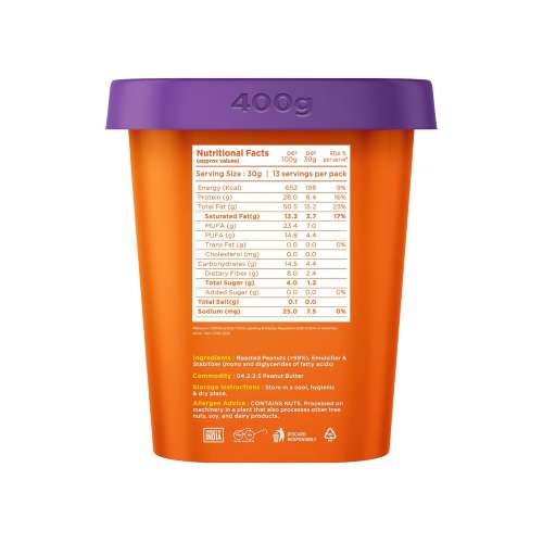 Yogabar: Unsweetened Creamy Peanut Butter 100%- 400gm (Tub)