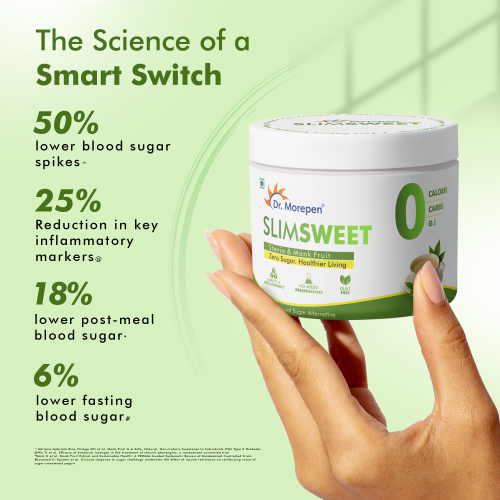 Dr. Morepen: SlimSweet Natural Sugar Substitute with Stevia & Monk Fruit, Zero Calorie, Zero Sugar, Keto-Friendly Sweetener  150gm