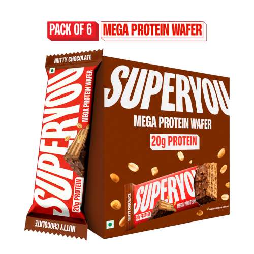 SuperYou: Nutty Chocolate Mega Protein Wafer Bar (Pack of 6) 20gm Protein , 4.8gm Fibre, No Added Sugar | Yeast Fermented Protein|Energy Bars|Crunchy Wafer Bar|100% Vegetarian|No Palm Oil | 360gm