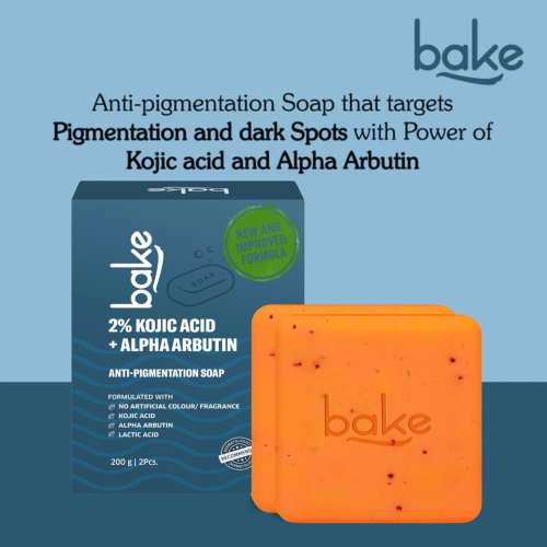 Bake Cosmetics: Â 2% Kojic Acid Soap with Alpha Arbutin, Lactic Acid & Niacinamide for Pigmentation, Dark Spots, Tan Removal, Brightens Underarms (Pack of 2 - 100gm x 2)