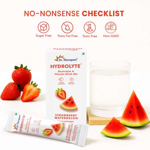 Dr. Morepen: Hydrolyte Electrolyte & Vitamin Drink Mix for Rapid Hydration & Faster Recovery, Strawberry Watermelon Flavour  10 Sachets (8.8gm Each)