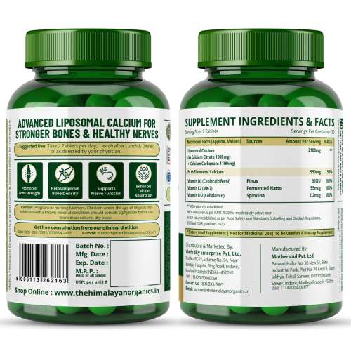 Vlado's Himalayan Organics: Vlados Himalayan Organics Liposomal Calcium 2100mg with Vitamin D3 + K2 (MK-7) & Vitamin B12 | Better Absorption | Supports Healthy Bones, Heart, Joints & Recovery | For Men & Women | 60 Veg Tablets