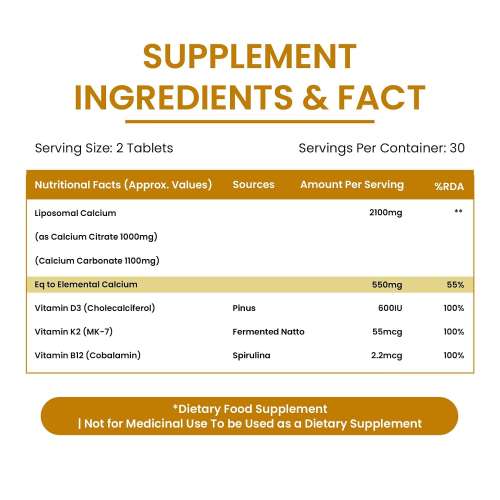 Vlado's Himalayan Organics: Vlados Himalayan Organics Liposomal Calcium 2100mg with Vitamin D3 + K2 (MK-7) & Vitamin B12 | Better Absorption | Supports Healthy Bones, Heart, Joints & Recovery | For Men & Women | 60 Veg Tablets
