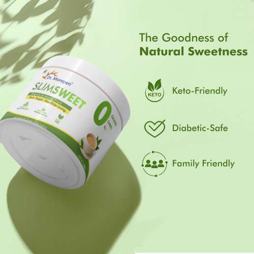 Dr. Morepen: SlimSweet Natural Sugar Substitute with Stevia & Monk Fruit, Zero Calorie, Zero Sugar, Keto-Friendly Sweetener  150gm