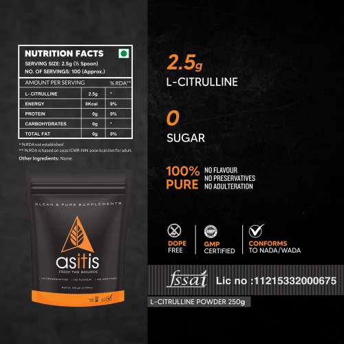 AS-IT-IS Nutrition: 100% L-Citrulline Powder, Pre-workout Supplement, Pure 2.5 grams Amino Acid for Muscle Growth, Boosts Nitric Oxide - Unflavored, Single Ingredient- 250 grams (100 servings)
