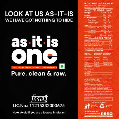 AS-IT-IS Nutrition: ONE Whey Protein Concentrate I Pure, Clean & Raw I 28g Protein per Serve, Unflavoured 1kg I Labdoor & Trustified Certified I No Amino Spike OR Heavy Metals I Protein for All Ages Adults