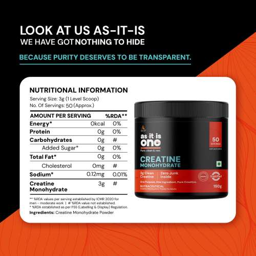 AS-IT-IS Nutrition: One Creatine Monohydrate - 150g I Pure & Micronized I Rapid Absorption,  Supports Enhanced Muscle Strength, Stamina & Muscle Growth I Unflavoured