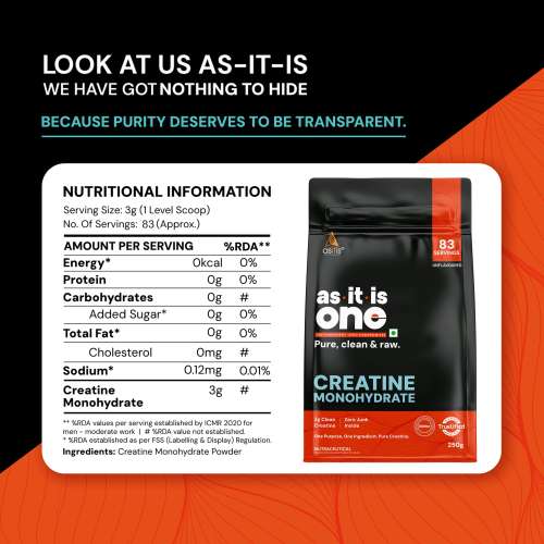 AS-IT-IS Nutrition: One Creatine Monohydrate - 250g Unflavoured I Pure & Micronized I Rapid Absorption,  Supports Enhanced Muscle Strength, Stamina & Muscle Growth