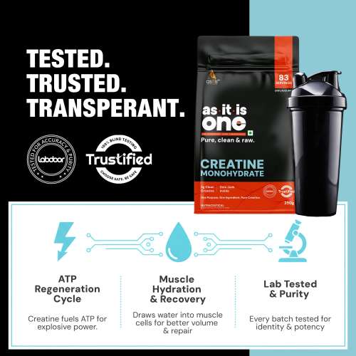 AS-IT-IS Nutrition: One Creatine Monohydrate - 250g Unflavoured I Pure & Micronized I Rapid Absorption,  Supports Enhanced Muscle Strength, Stamina & Muscle Growth