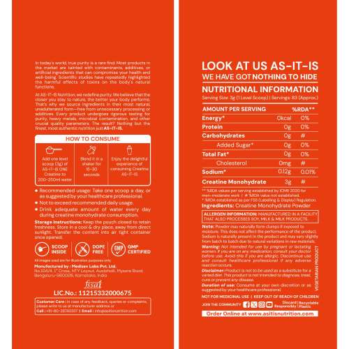 AS-IT-IS Nutrition: One Creatine Monohydrate - 250g Unflavoured I Pure & Micronized I Rapid Absorption,  Supports Enhanced Muscle Strength, Stamina & Muscle Growth