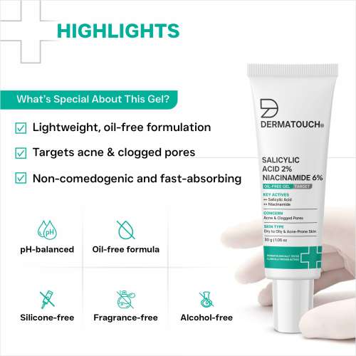 Dermatouch: Salicylic Acid 2% Niacinamide 6% Anti-Acne Oil-Free Gel For Active Acne, Oil Balancing, Pore Tightening | 30gm (Pack of 2)
