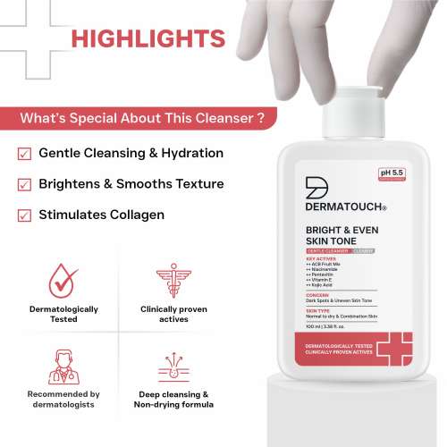 Dermatouch: Bright & Even Skin Tone Gentle Cleanser | Helps Reduce Dark Spots & Uneven Tone | pH 5.5 Daily Face Wash | 100ml