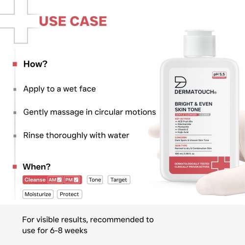 Dermatouch: Bright & Even Skin Tone Gentle Cleanser | Helps Reduce Dark Spots & Uneven Tone | pH 5.5 Daily Face Wash | 100ml